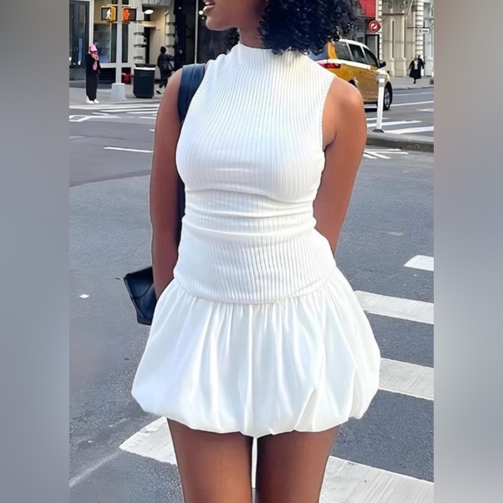 ZARA Ribbed Balloon White Dress 0085/361 Women’s Size L  Collection Fashion NWT